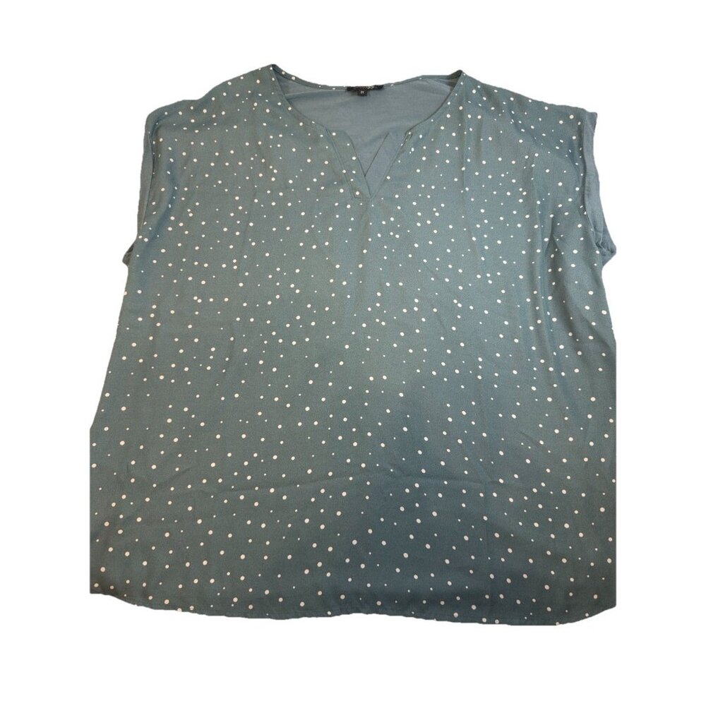 Papermoon Blouse Women's 2x Polka Dot Cap Sleeve V-Neck Shirt Teal And White Top